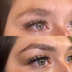 woman showing results after a microblading session